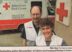 Nevada Barr and ex-husband Richard Jones help with Red Cross in Mississippi. Photo by Rick Guy