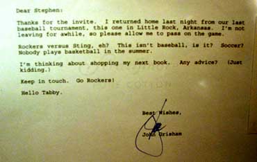 Letter above from Grisham Room exhibit in Mitchell Library, Mississippi State University. Letter is to Stephen King from John Grisham.