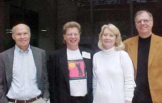 Grif Stockley with Norm Stafford, and mystery author Don Donaldson and his wife at the Delta Blues Symposium at Arkansas State University, 2001, Photo by Nancy Jacobs (SHS)