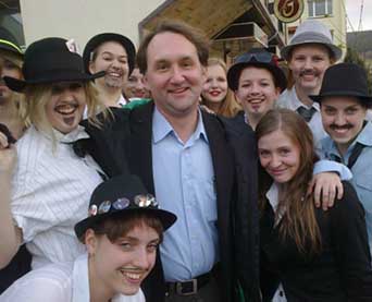 Photo used by permission: Brad Vice with high school students he visited for an American Culture celebration in the Czech Republic in 2013. They were working on their graduation ball dances with gangsters and showgirls as the theme