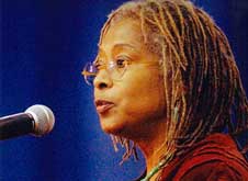 Alice Walker, February, 2004, at Shippensburg University. Photo by Markell De Loach of the Chambersburg Public Opinion. Used by permission.