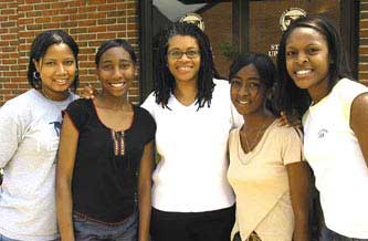 Shay Youngblood (center) at the Creative Writing Workshop in May, 2003, Jackson, MS, with Ashley Hamilton, Marie, Bridget Gibson, and Jennifer Austin, all students of Starkville High School.