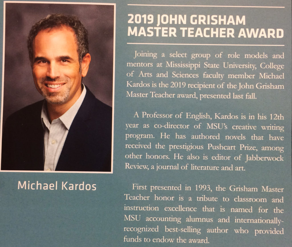 Michael Kardos is 2019 winner of the John Grisham Master Teacher Award in 2019.